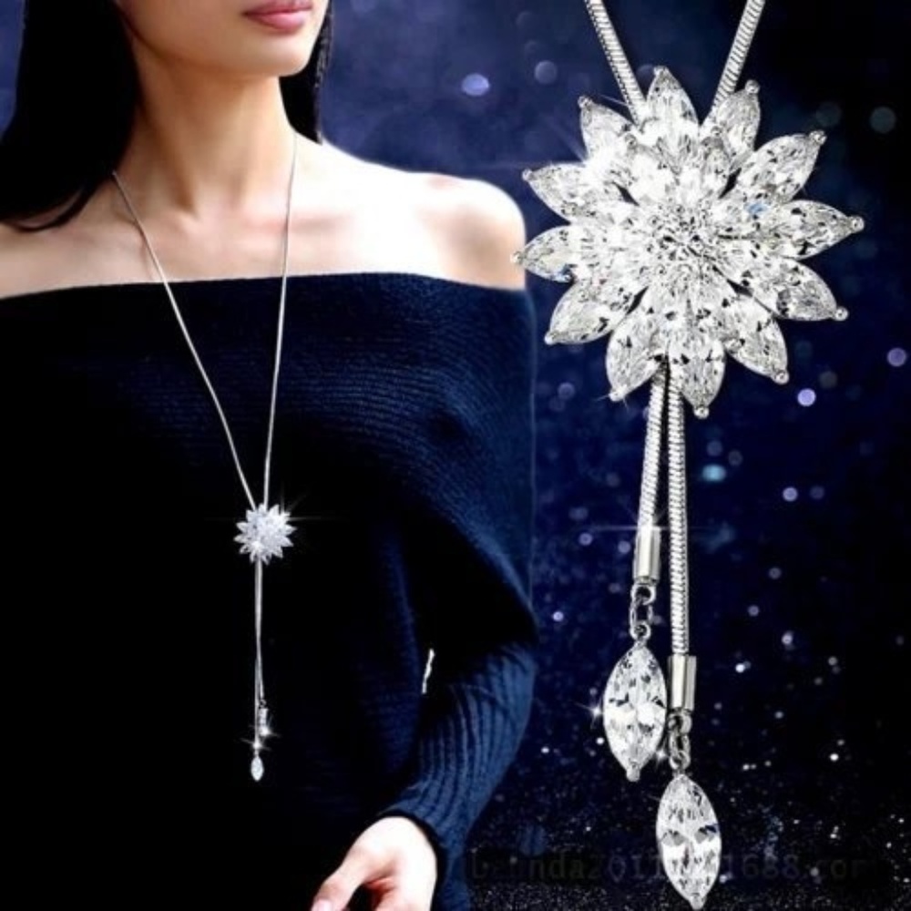 Crystal Zircon Flower Long‎ Chain Sweater Necklace